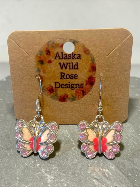 Alaska wild Rose designs Jewelry - Pink Butterfly Drop Earrings